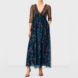 ESHAKTI Floral Maxi Dress with Sheer Sleeves Size Small